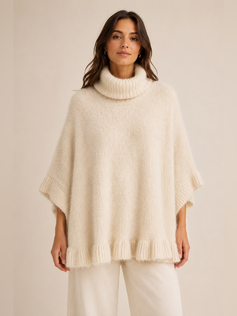 Anthropologie Akemi +‎ Kin Cream Fuzzy Turtleneck Poncho Sweater O/S